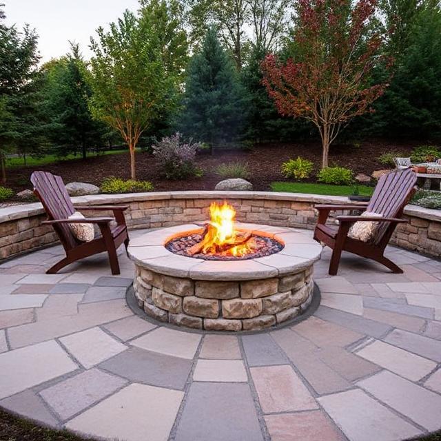 Overhead view of a round stone fire pit on a flagstone patio with chairs and soft lighting.