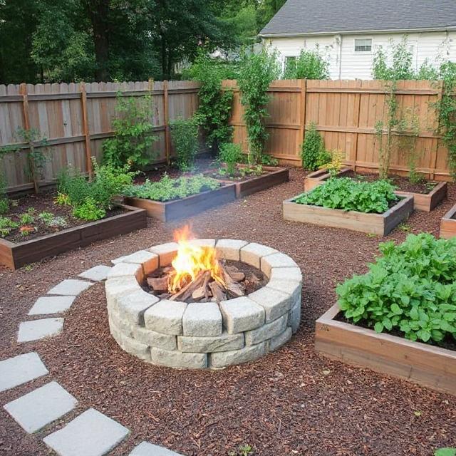 Fire pit next to raised garden beds with herbs and veggies.