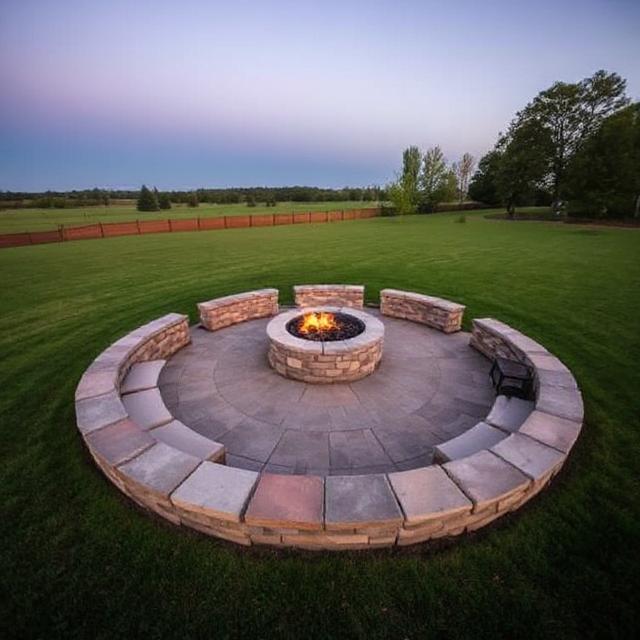 Expansive lawn with large stone fire pit and semicircle seating.