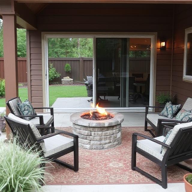 Fire pit just off a back patio with sliding door and outdoor rug.