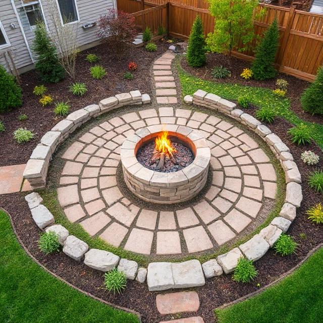 Central fire pit with distinct zoning of yard features around it.