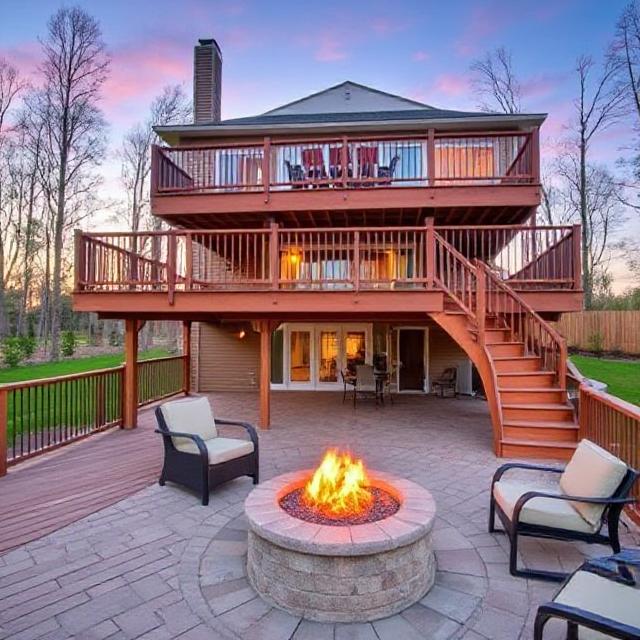 Multi-level deck with a fire pit on the bottom tier and dining on the top.