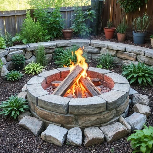 Fire pit with surrounding plants, reclaimed materials, and green decor.