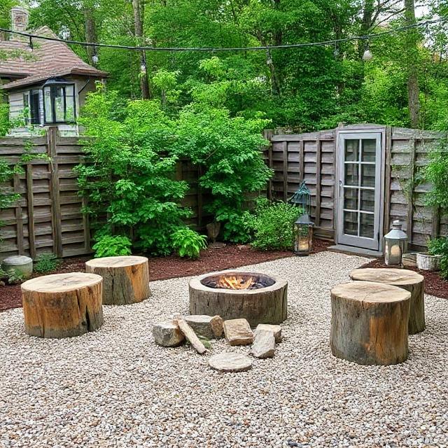 Gravel patio with wooden stumps, vintage lanterns, and low fire pit.