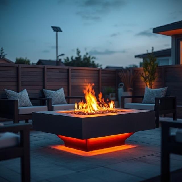 Modern fire pit with speakers, ambient lighting, and solar decor.