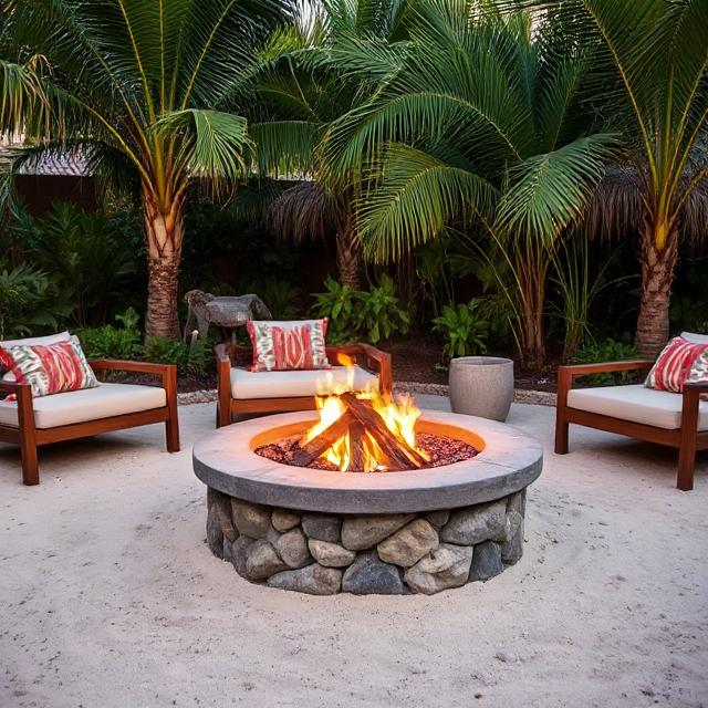 Fire pit with sand, palm plants, and tropical-style seating.