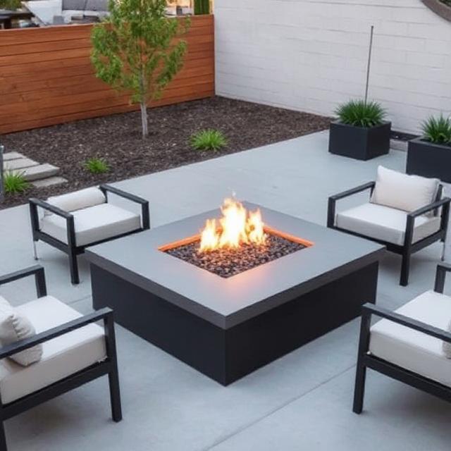 Minimalist rectangular gas fire pit on a concrete patio surrounded by modern furniture.
