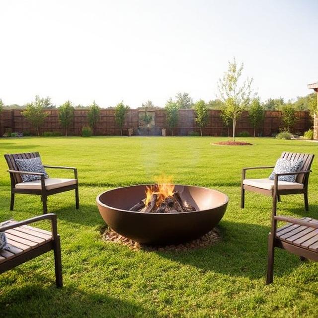 Steel fire bowl in center of open lawn space with minimal furnishings.