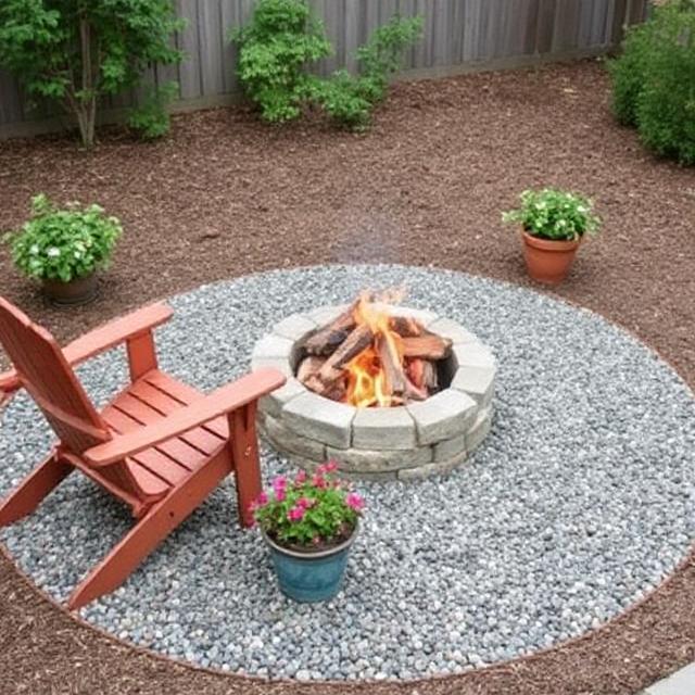 Compact fire pit encircled by pea gravel with two chairs and potted plants.