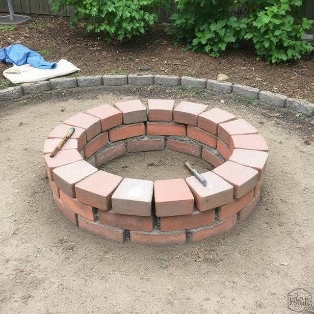 In-progress DIY brick fire pit with tools and landscape fabric visible.