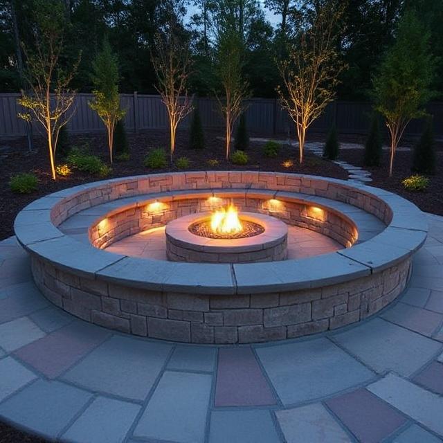 Curved stone bench with integrated lighting and fire pit at the center.