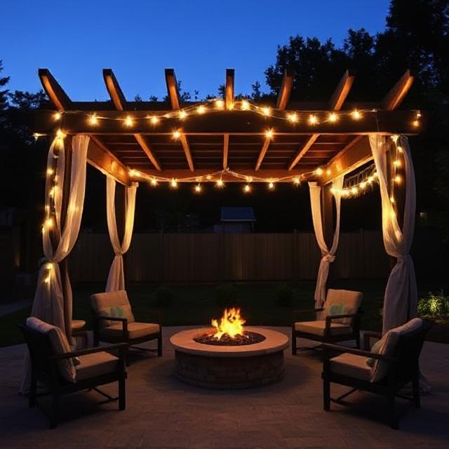 Night shot of pergola-covered fire pit area with draped lights.
