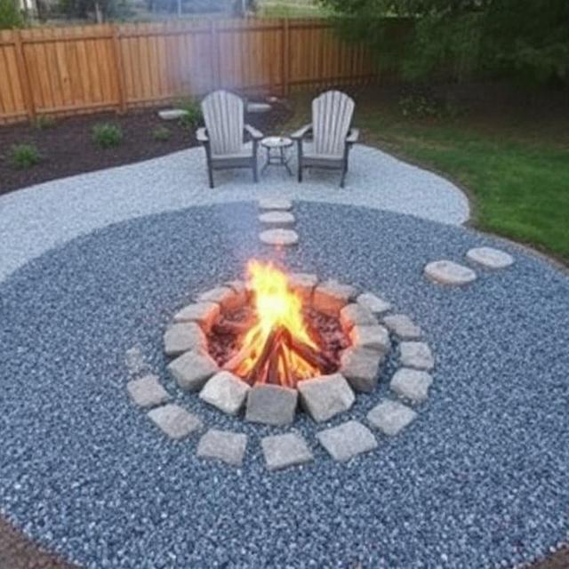 Sunken fire pit surrounded by gravel, stepping stones, and chairs.