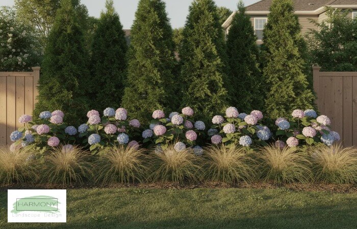 Layered Privacy Planting Design with Evergreen Trees and Ornamental Grasses