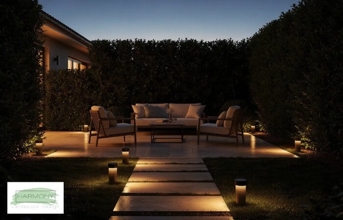 Cozy Evening Patio with Landscape Lighting and Private Hedge Screening