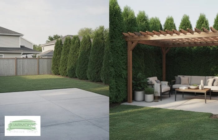 Private Backyard Design with Pergola and Evergreen Privacy Hedges