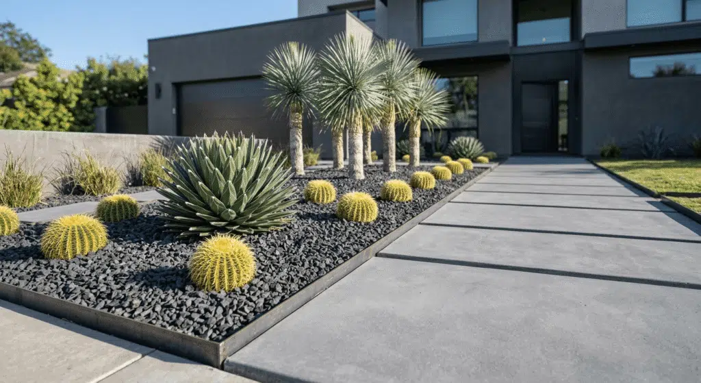 Modern concrete walkway and desert plants in dark gravel.