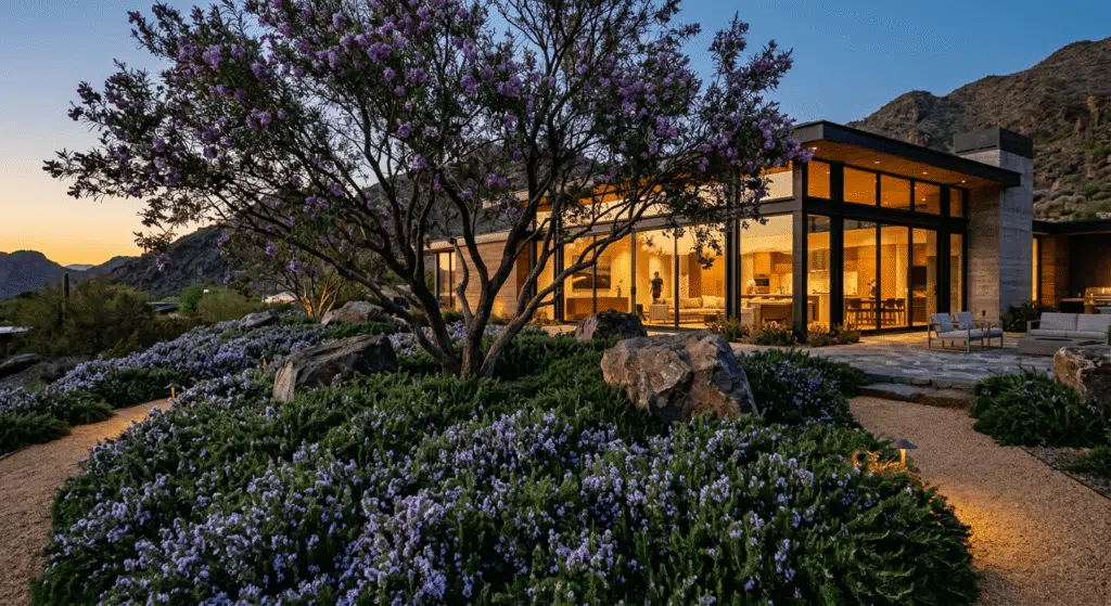 Desert willow tree and creeping rosemary groundcover at twilight.