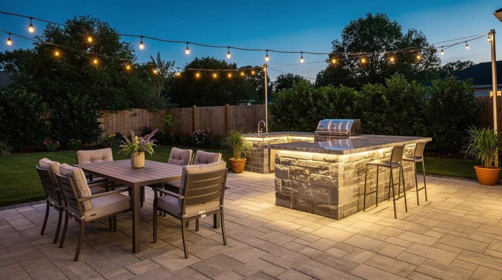 The image showcases a beautifully designed backyard outdoor kitchen featuring stone countertops, a built-in grill, and string lights illuminating a paver patio adorned with dining furniture. This well-maintained outdoor space enhances the home's curb appeal and adds usable living space, making it an attractive feature for potential buyers.