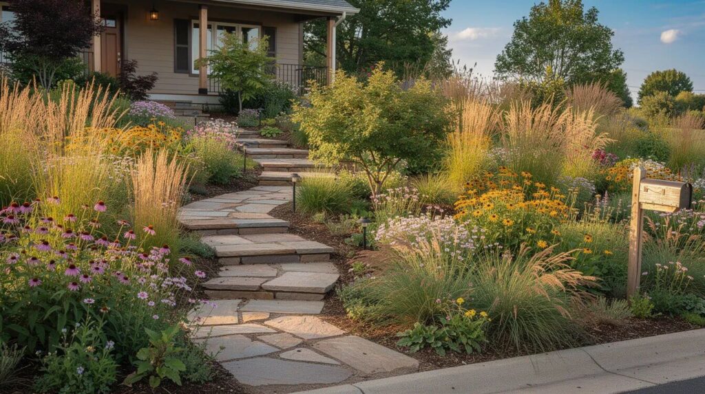 The image depicts a well-maintained suburban front yard featuring vibrant native wildflowers and ornamental grasses, alongside a neatly paved stone path that meanders through the garden. This thoughtful landscaping enhances the home's curb appeal and visual appeal, potentially increasing its resale value for prospective buyers.