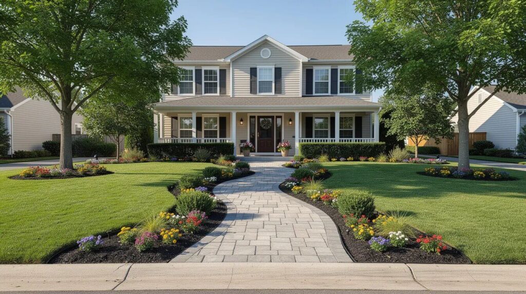 The image depicts a well-landscaped suburban home featuring a neat green lawn, defined flower beds filled with healthy plants, and a stone walkway leading to the front door. This thoughtful landscaping enhances the home's curb appeal and may increase its perceived home value for potential buyers.