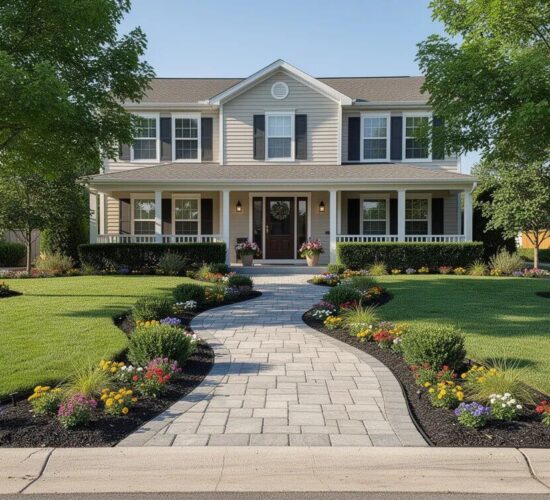 The image depicts a well-landscaped suburban home featuring a neat green lawn, defined flower beds filled with healthy plants, and a stone walkway leading to the front door. This thoughtful landscaping enhances the home's curb appeal and may increase its perceived home value for potential buyers.