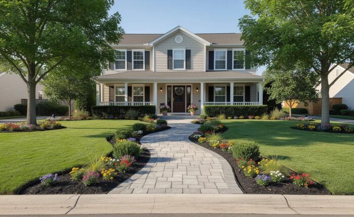 The image depicts a well-landscaped suburban home featuring a neat green lawn, defined flower beds filled with healthy plants, and a stone walkway leading to the front door. This thoughtful landscaping enhances the home's curb appeal and may increase its perceived home value for potential buyers.