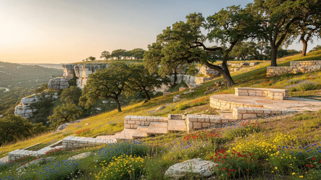 The image depicts a serene Hill Country landscape featuring rugged limestone outcrops, vibrant drifts of wildflowers, and majestic live oaks, complemented by natural stone hardscaping. This low maintenance landscaping design showcases native plants that thrive in the Texas climate, creating a beautiful and sustainable outdoor space.