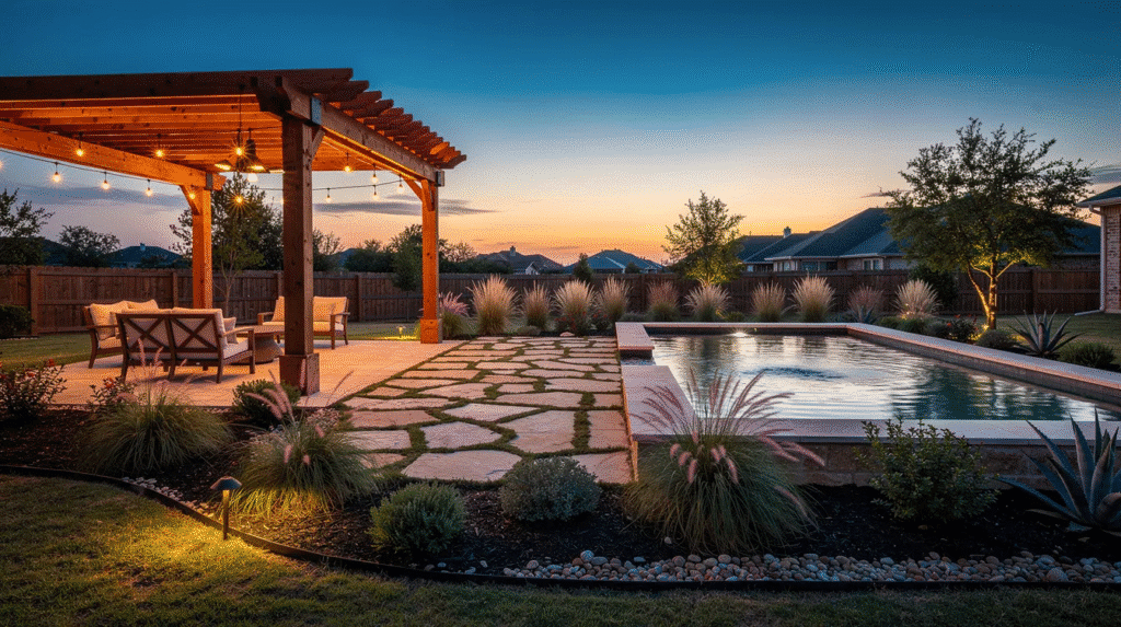 The image features a spacious Texas backyard showcasing a stylish pergola, native plantings, and a stone patio, all surrounding a refreshing pool bordered by ornamental grasses. This landscape design emphasizes low maintenance and drought-tolerant plants, creating a serene outdoor space perfect for relaxation and enjoyment.