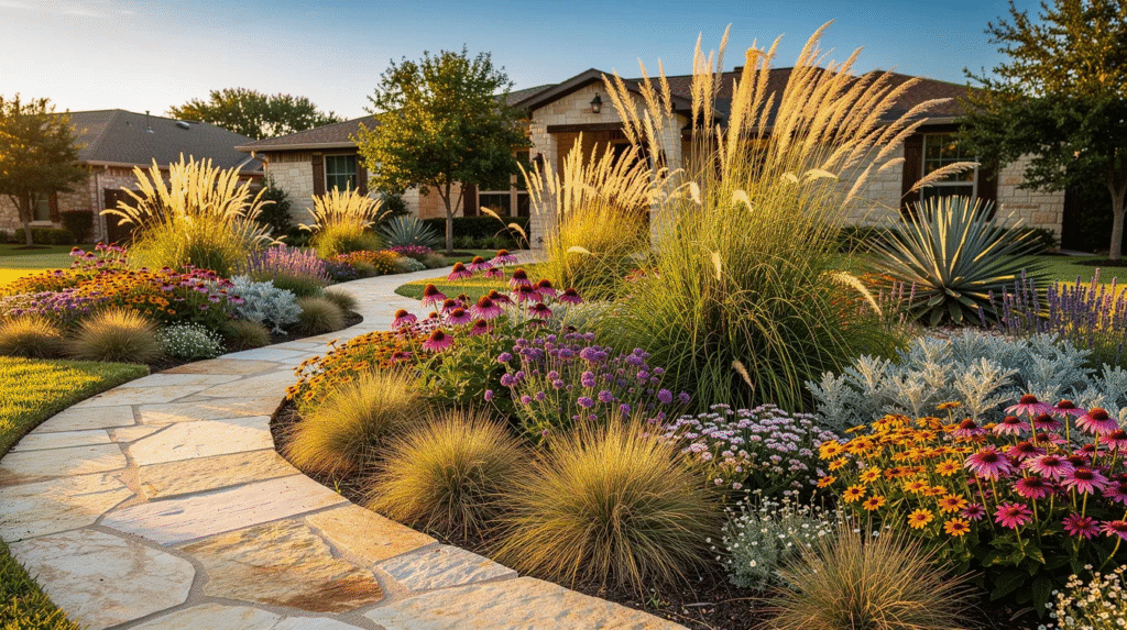 A vibrant Texas front yard features native grasses and blooming drought-tolerant perennials, complemented by limestone pathways that enhance the landscape design. This low maintenance outdoor space showcases sustainable landscaping ideas ideal for homeowners seeking beauty and functionality while promoting water conservation.